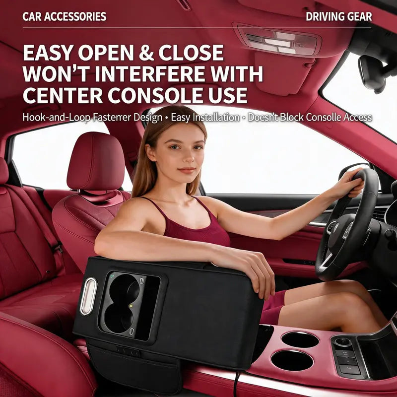Luxury Nappa Leather Car Center Console Cushion with Dual Cup Holders & Storage - 2 Pack per Set