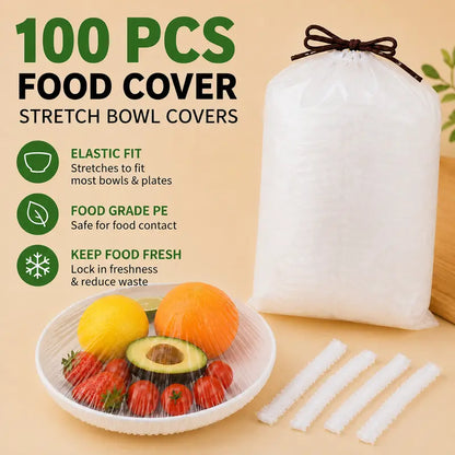 100 PCS Reusable Elastic Stretch Food Covers - Instant Airtight Seal for Bowls, Plates & Daily Meal Prep