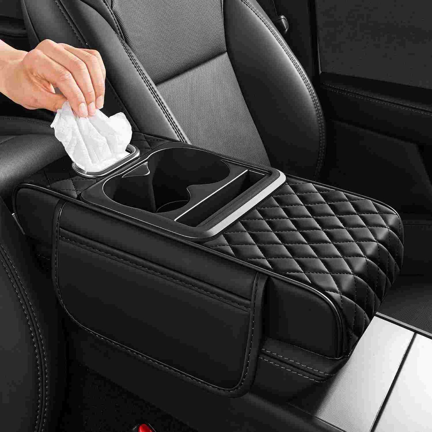 Luxury Nappa Leather Car Center Console Cushion with Dual Cup Holders & Storage - 2 Pack per Set