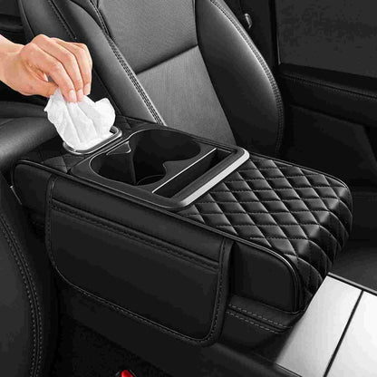Luxury Nappa Leather Car Center Console Cushion with Dual Cup Holders & Storage - 2 Pack per Set