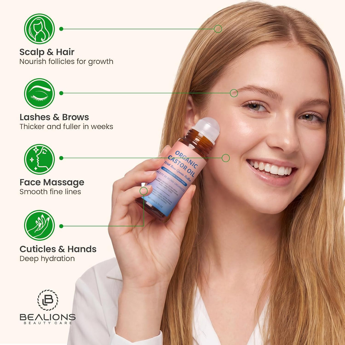 Organic Castor Oil Roll-On with Genuine Rose Quartz Massage Roller