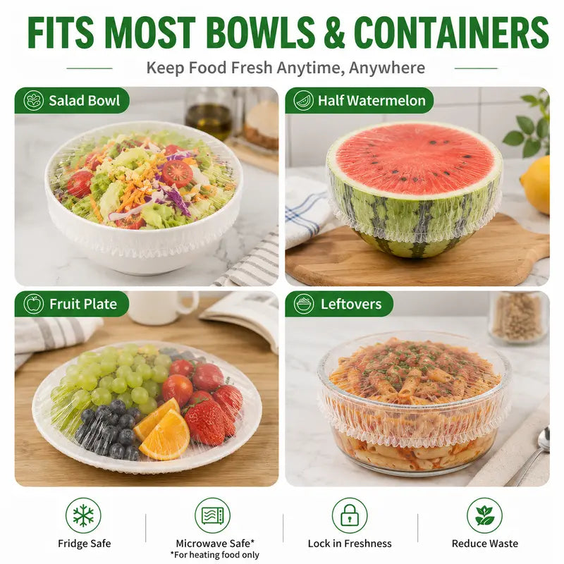 100 PCS Reusable Elastic Stretch Food Covers - Instant Airtight Seal for Bowls, Plates & Daily Meal Prep