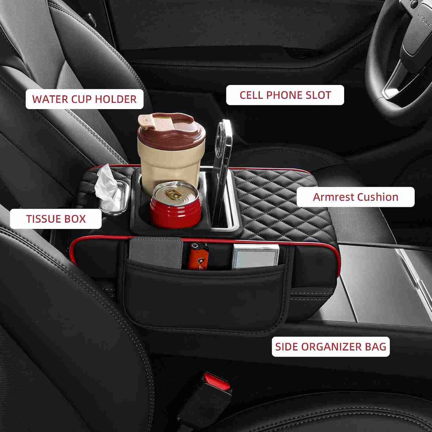 Luxury Nappa Leather Car Center Console Cushion with Dual Cup Holders & Storage - 2 Pack per Set