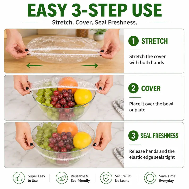 100 PCS Reusable Elastic Stretch Food Covers - Instant Airtight Seal for Bowls, Plates & Daily Meal Prep
