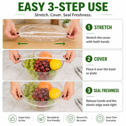 100 PCS Reusable Elastic Stretch Food Covers - Instant Airtight Seal for Bowls, Plates & Daily Meal Prep