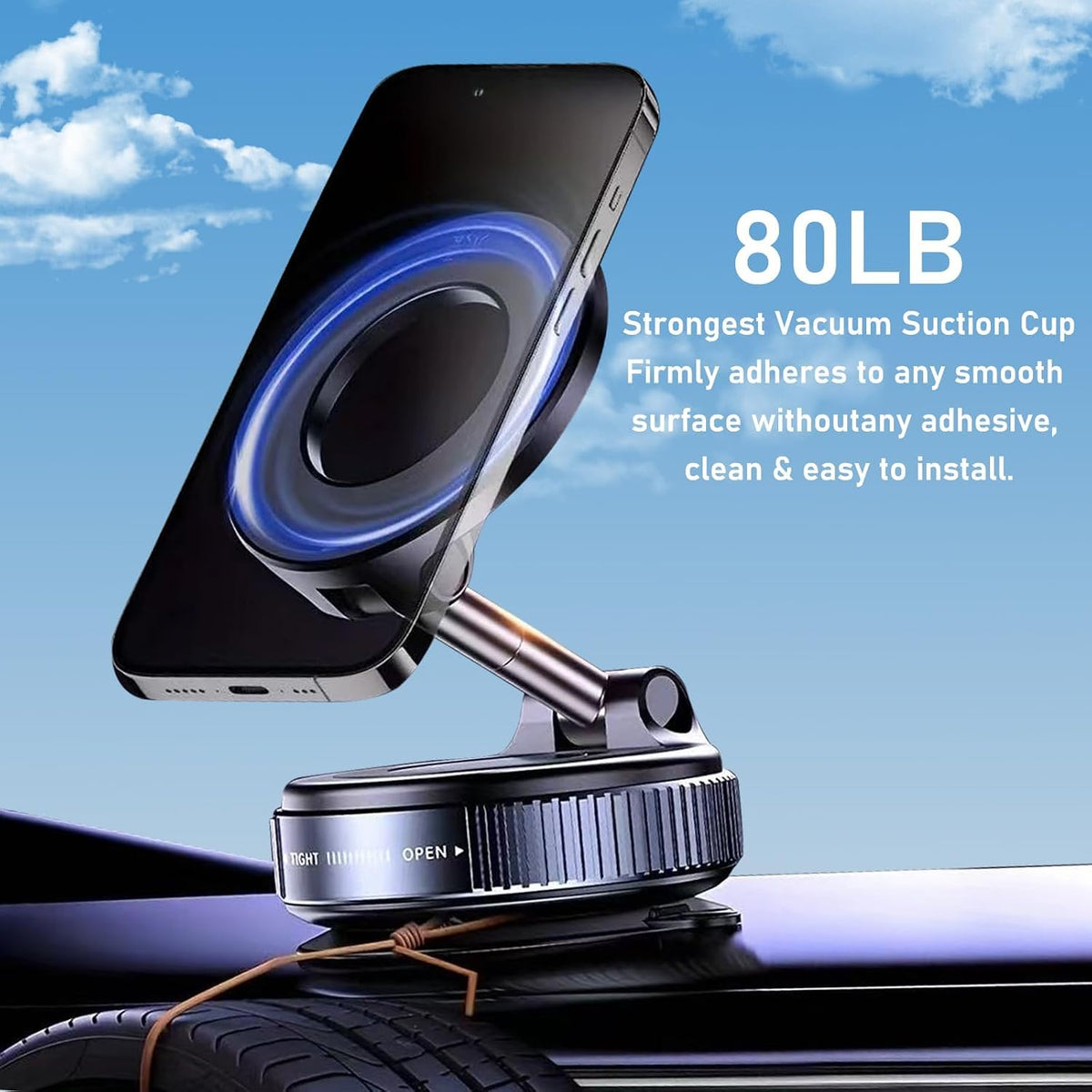 Magnetic Car Phone Holder - Foldable Arm & Vacuum Suction Base For Stable Hands-Free Navigation