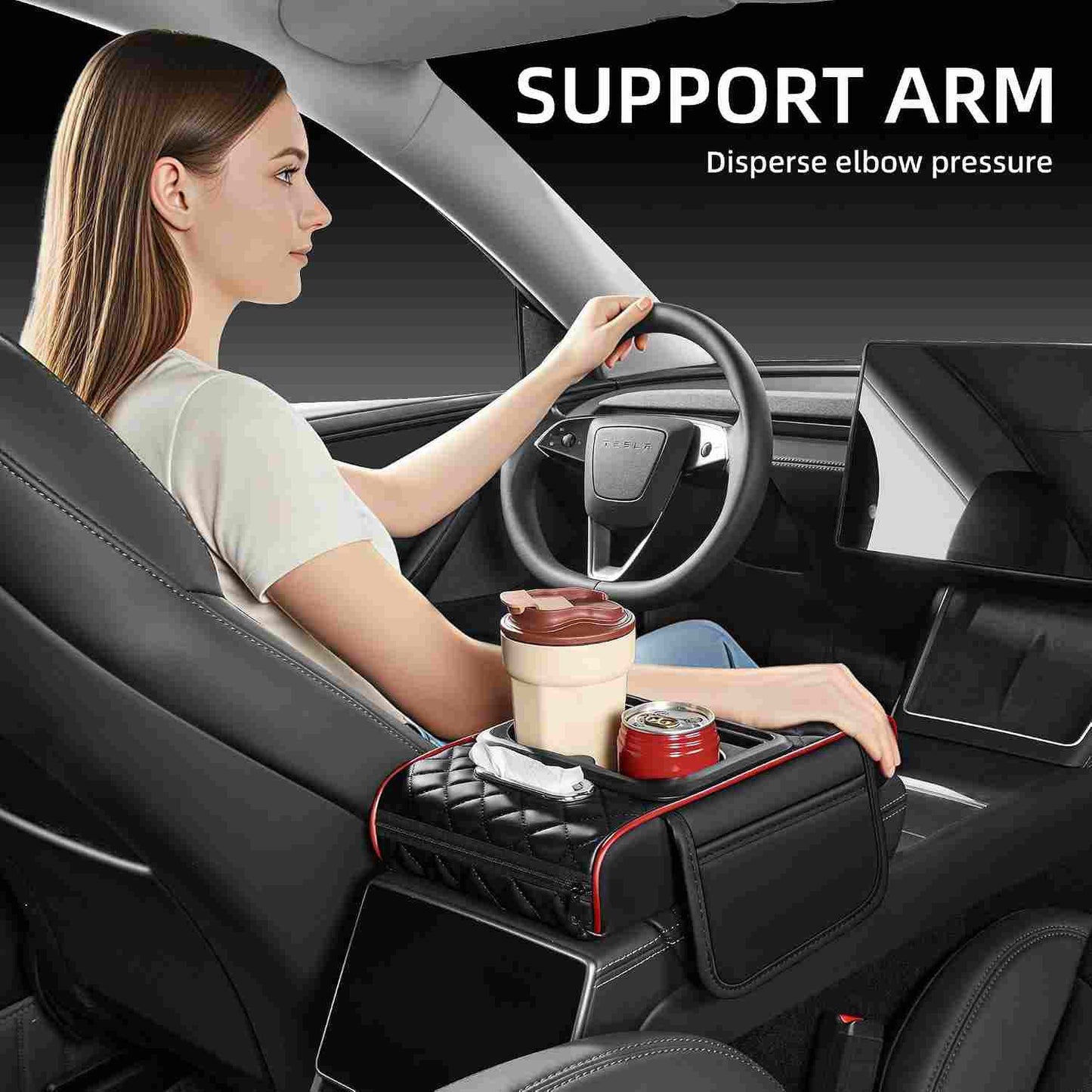 Luxury Nappa Leather Car Center Console Cushion with Dual Cup Holders & Storage - 2 Pack per Set