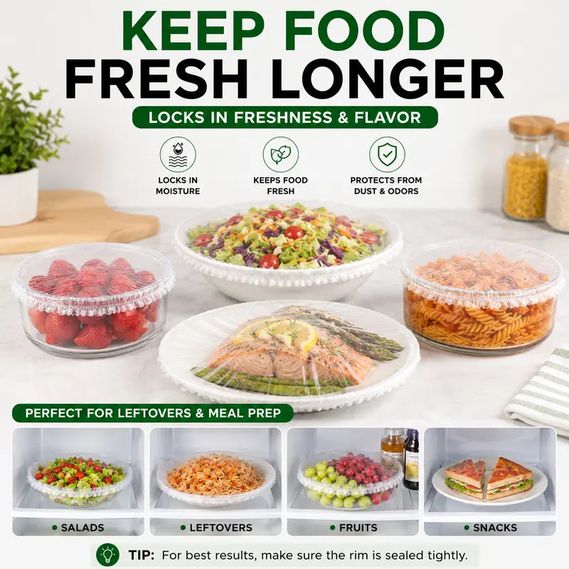 100 PCS Reusable Elastic Stretch Food Covers - Instant Airtight Seal for Bowls, Plates & Daily Meal Prep