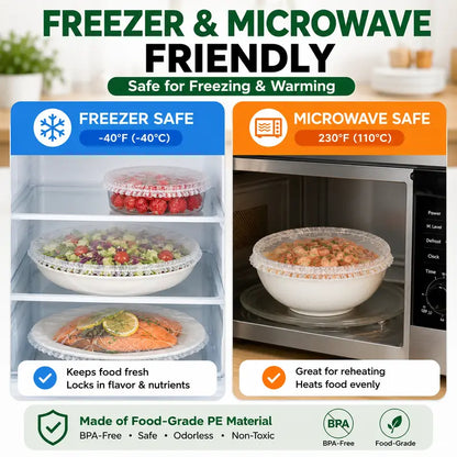 100 PCS Reusable Elastic Stretch Food Covers - Instant Airtight Seal for Bowls, Plates & Daily Meal Prep