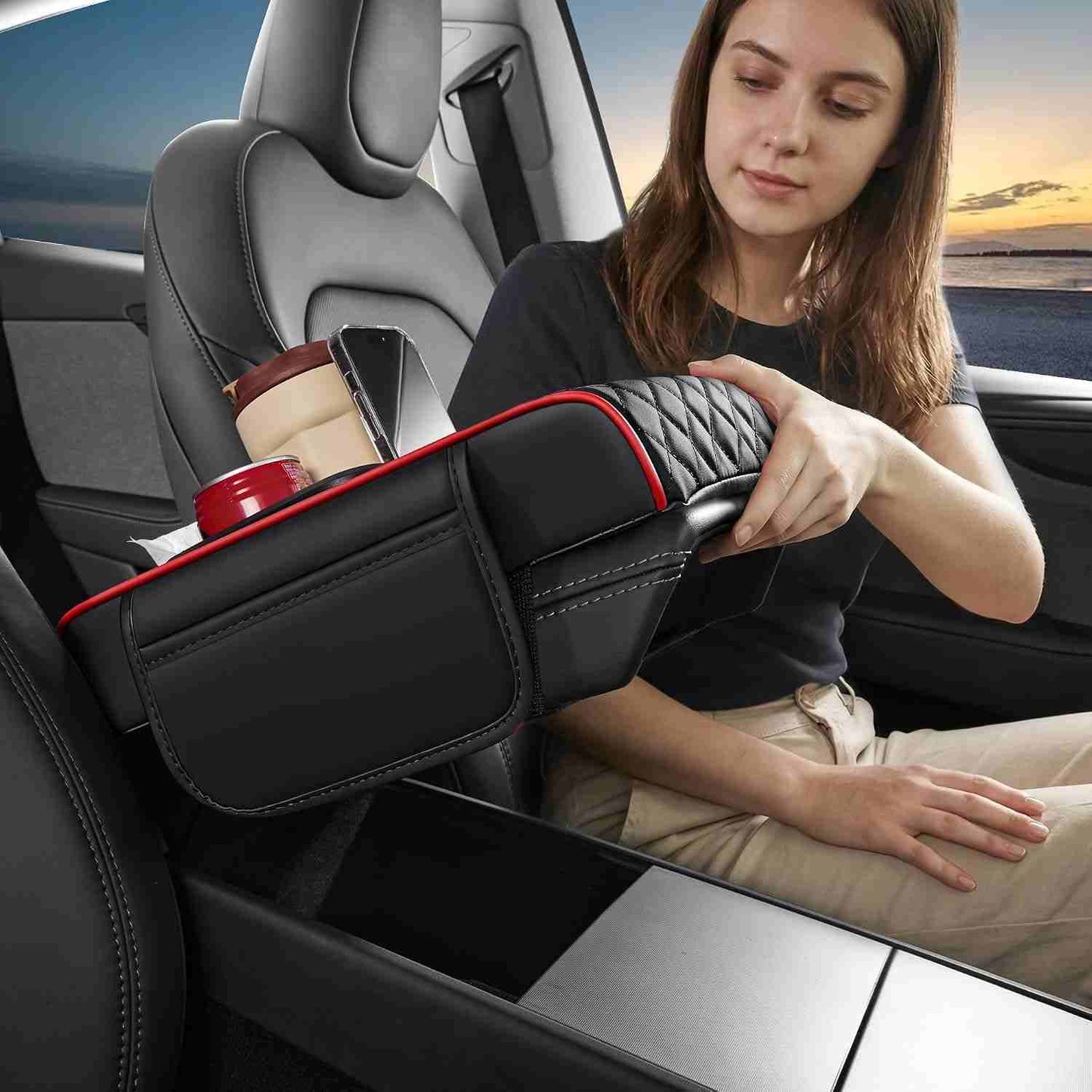 Luxury Nappa Leather Car Center Console Cushion with Dual Cup Holders & Storage - 2 Pack per Set