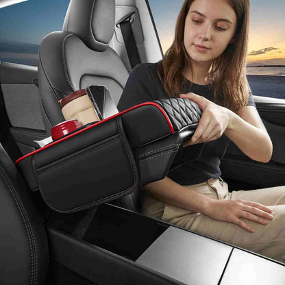 Luxury Nappa Leather Car Center Console Cushion with Dual Cup Holders & Storage - 2 Pack per Set