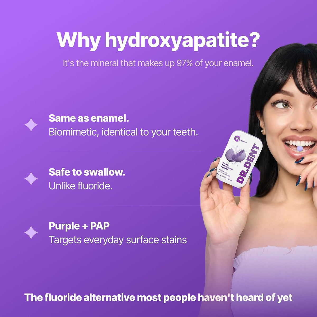 DR.DENT Purple Toothpaste Tablets with 10% Hydroxyapatite & PAP | Fluoride-Free, SLS-Free, Vegan