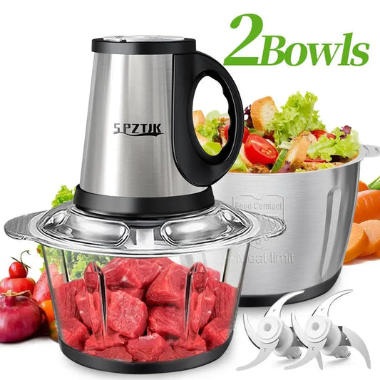 2L Multi-Function Electric Meat Grinder & Food Chopper with Dual Bowls