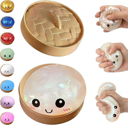 Cute Steamed Bun Squishy Toys — Safe Anti-Stress Venting Squeeze Balls with Steamer Container