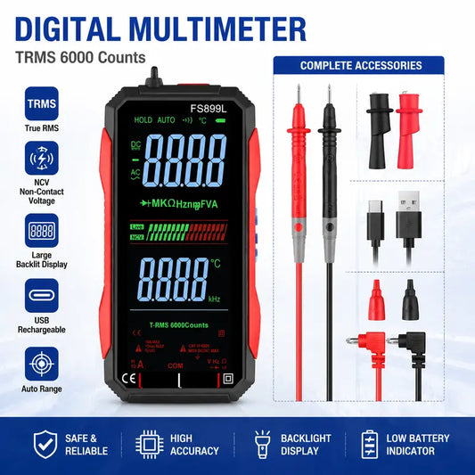 Smart Auto-Ranging Digital Multimeter with Large Color Screen & USB Charging