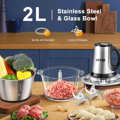 2L Multi-Function Electric Meat Grinder & Food Chopper with Dual Bowls
