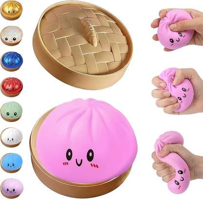 Cute Steamed Bun Squishy Toys — Safe Anti-Stress Venting Squeeze Balls with Steamer Container