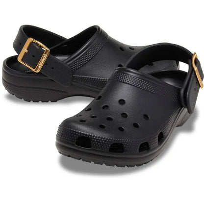 Chic Metallic Buckle Clogs: Lightweight Comfort & Style