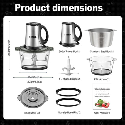 2L Multi-Function Electric Meat Grinder & Food Chopper with Dual Bowls