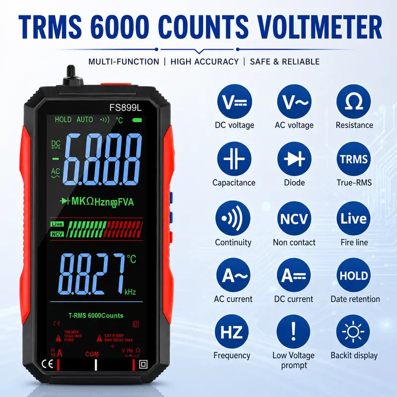 Smart Auto-Ranging Digital Multimeter with Large Color Screen & USB Charging