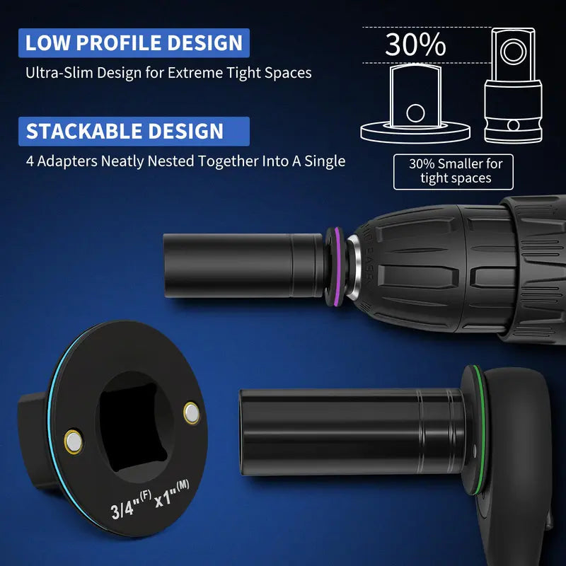 Low Profile Impact Socket Adapter Set for Tight Space Repairs