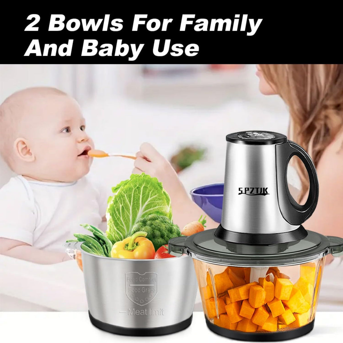 2L Multi-Function Electric Meat Grinder & Food Chopper with Dual Bowls