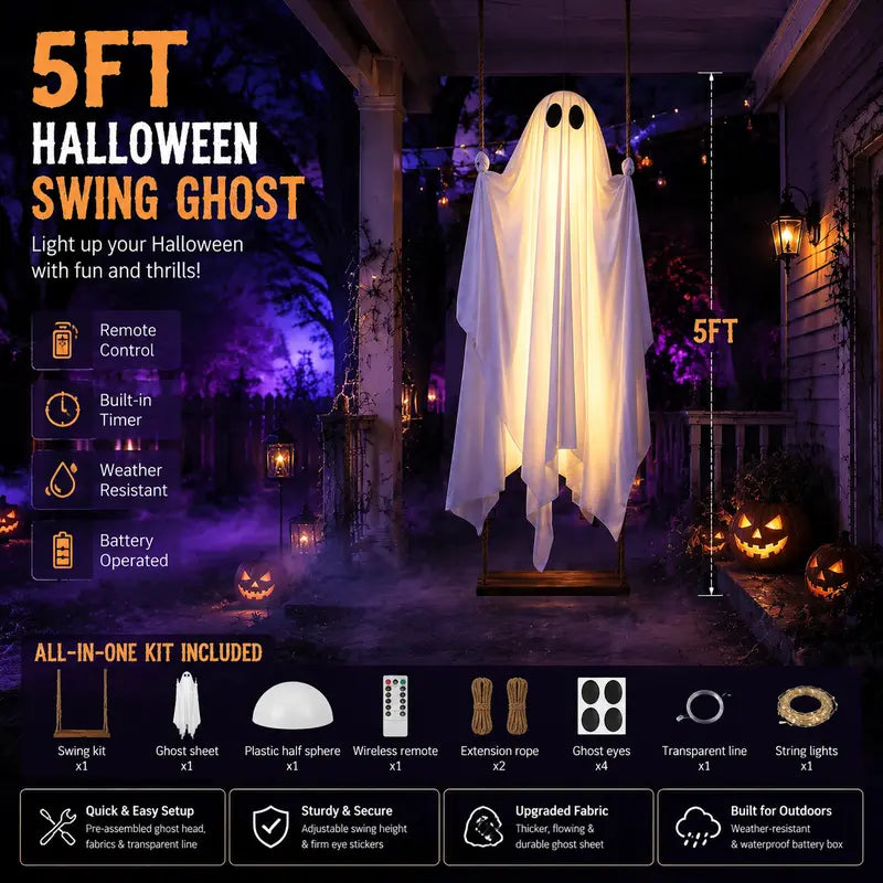 Pre-Assembled Light-Up Swinging Ghost Halloween Outdoor Decoration