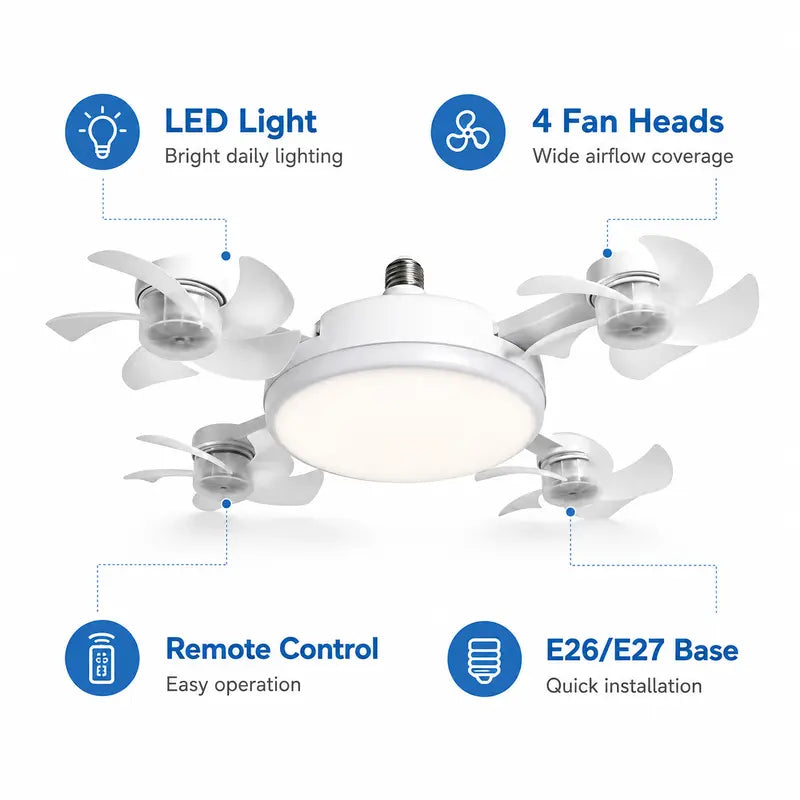 Screw-In 4-Head Ceiling Fan Light with Remote Control