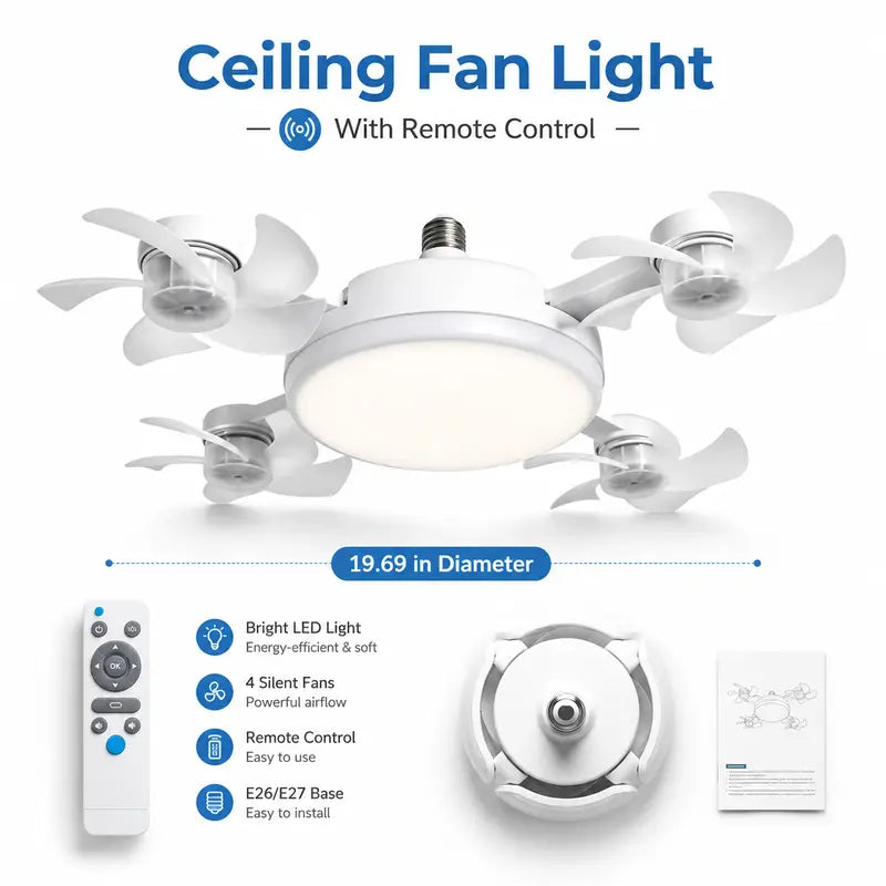 Screw-In 4-Head Ceiling Fan Light with Remote Control
