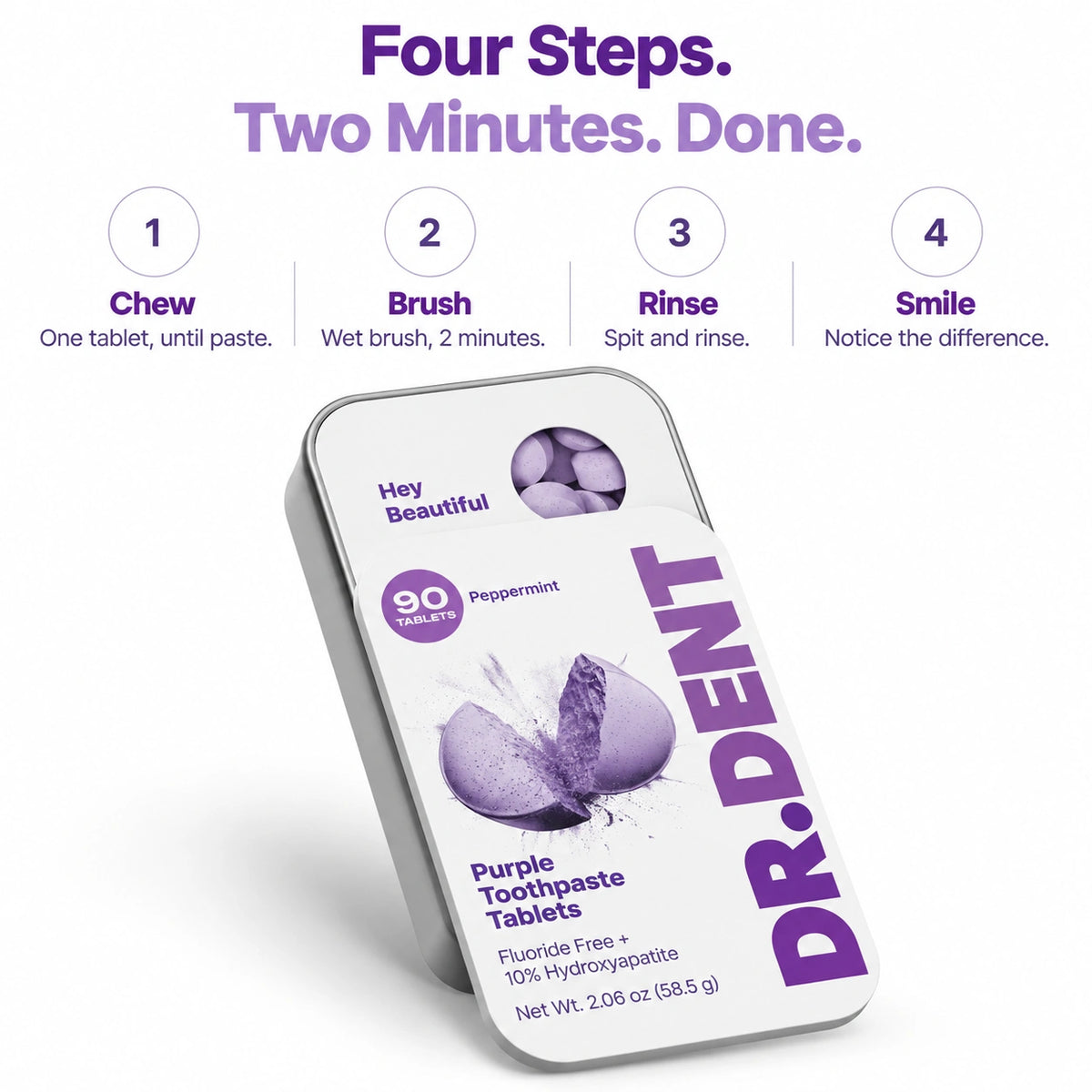 DR.DENT Purple Toothpaste Tablets with 10% Hydroxyapatite & PAP | Fluoride-Free, SLS-Free, Vegan